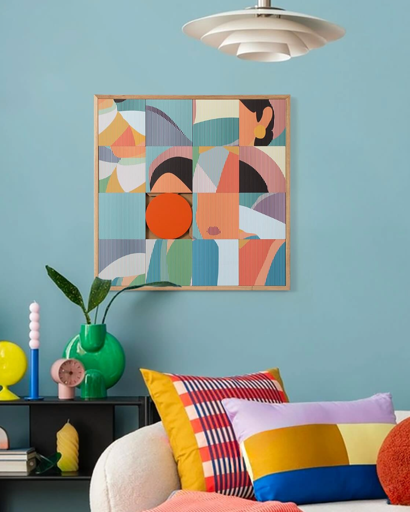 Taquin Irene wooden wall art sliding puzzle, graphic portrait woman beret, oak frame 63x63 cm, Etcheaz
