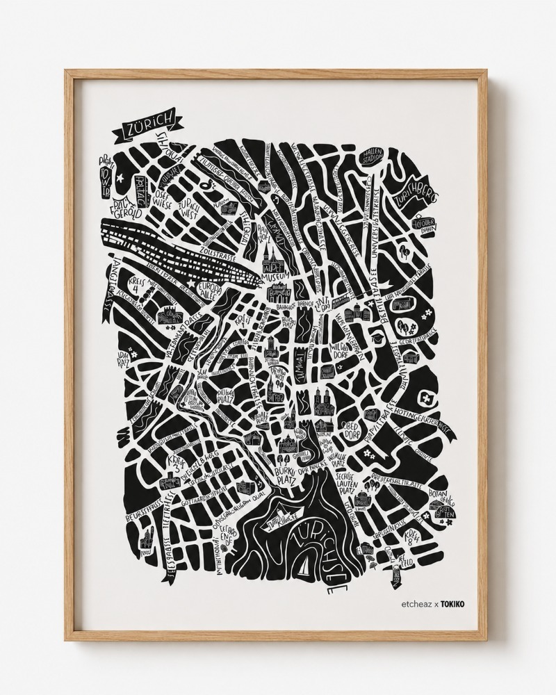 Exclusive Collaboration etcheaz x tokiko, Zurich map in Black, avialble in Switzerland