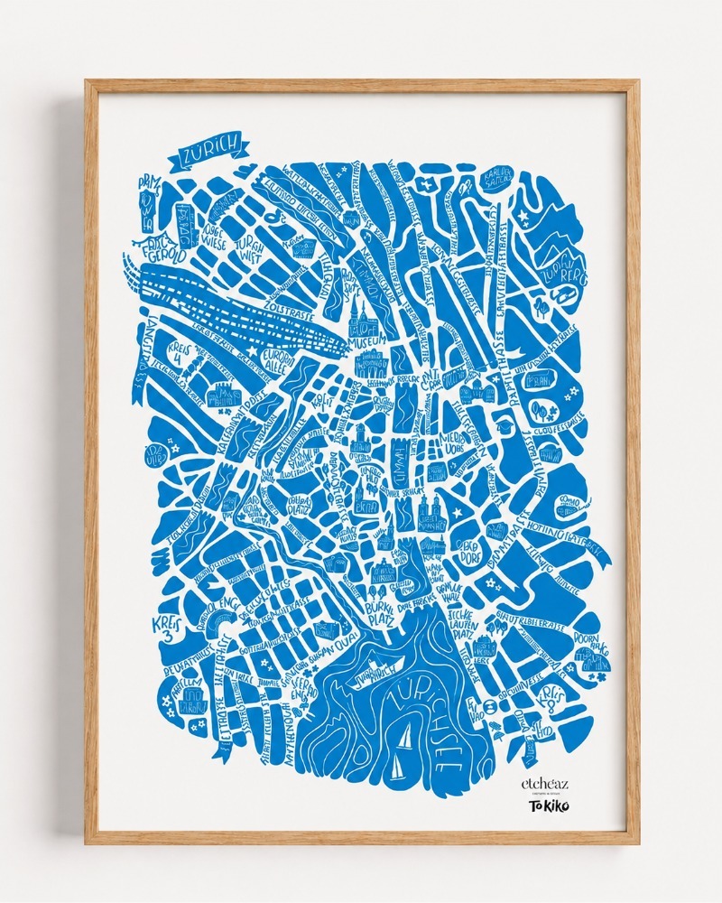 Exclusive collaboration etcheaz x Tokiko, printed map Zurich, in Zuri Blau, available at etcheaz, Switzerland