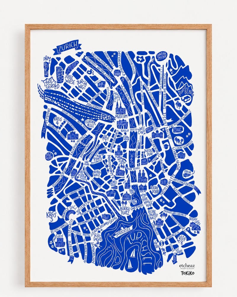 Exclusive collaboration tokiko x etcheaz Zurich map in blue, available in Zurich