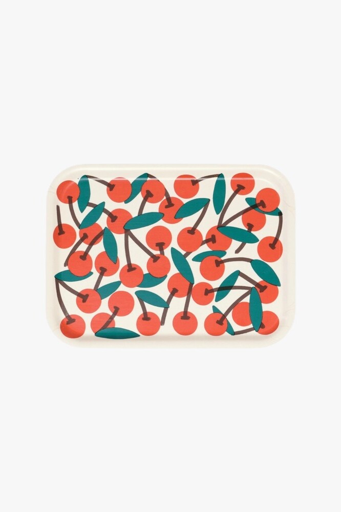 Small rectangular serving tray with cherry illustration by Elena Boils for Wrap