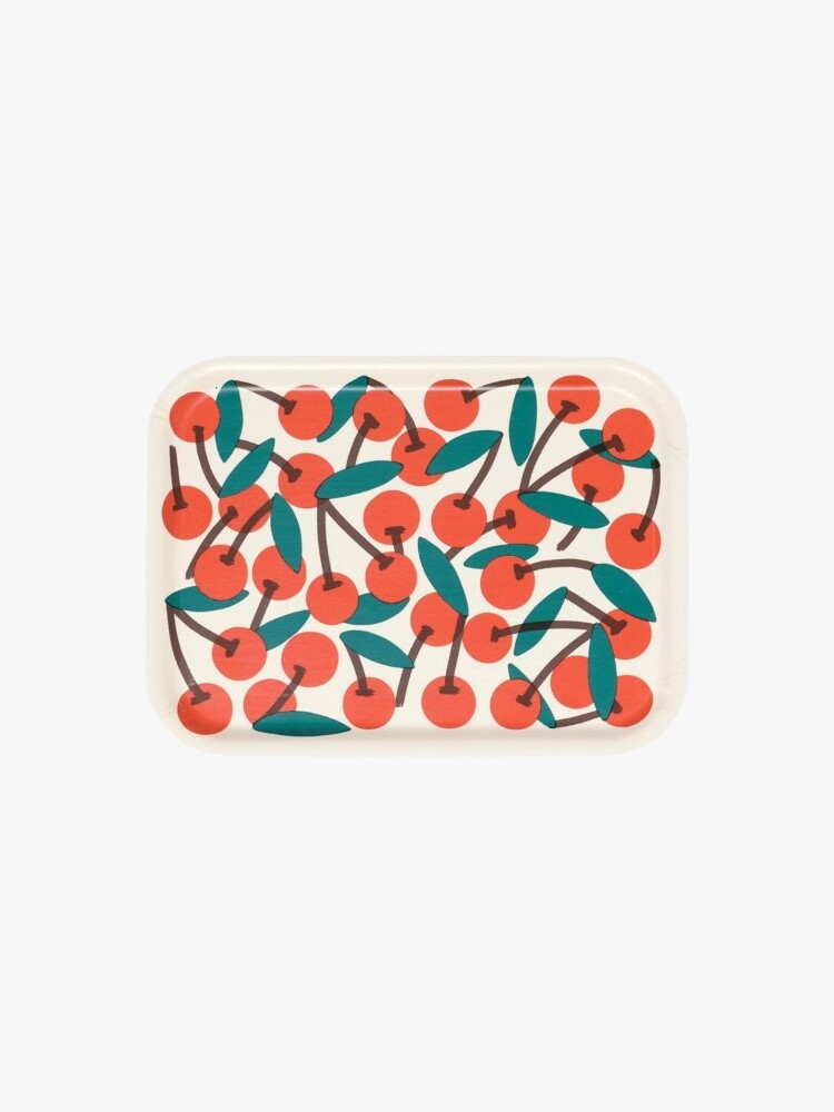 Small rectangular serving tray with cherry illustration by Elena Boils for Wrap