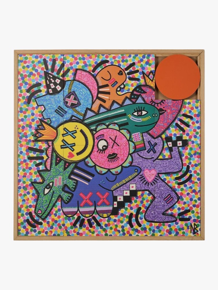 Taquin Friends sliding wooden wall art with pop-art cartoon characters in solid oak frame at etcheaz