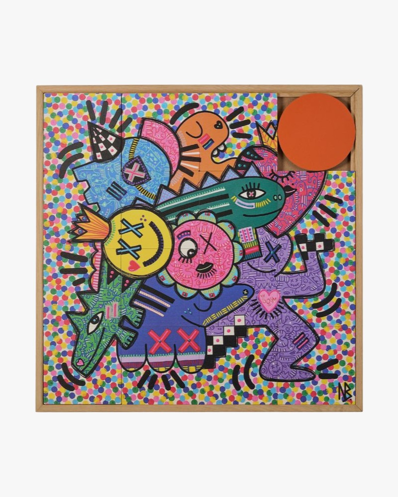 Taquin Friends sliding wooden wall art with pop-art cartoon characters in solid oak frame at etcheaz