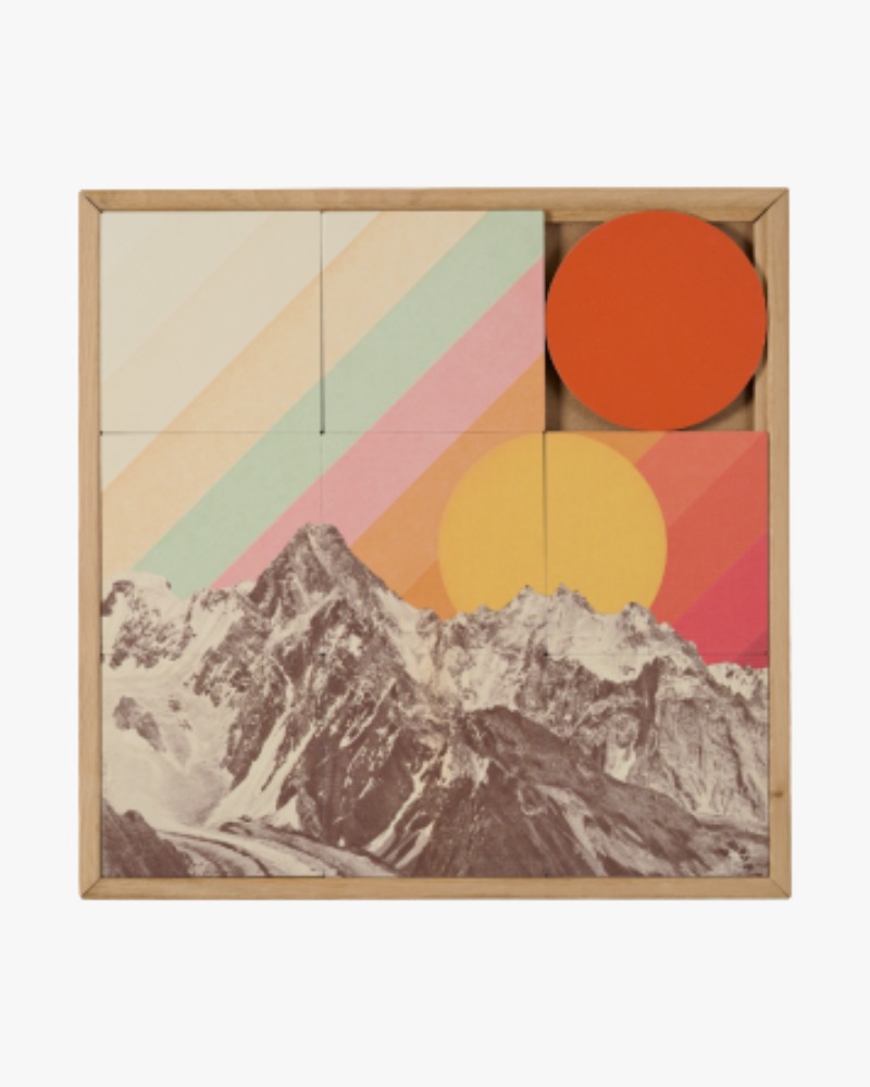 Taquin Mountainscape sliding wooden wall art with alpine mountain design in solid oak frame at etcheaz