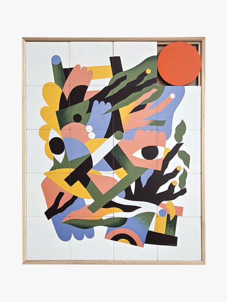 Taquin Abstraction sliding wooden wall art with abstract face design in solid oak frame at etcheaz