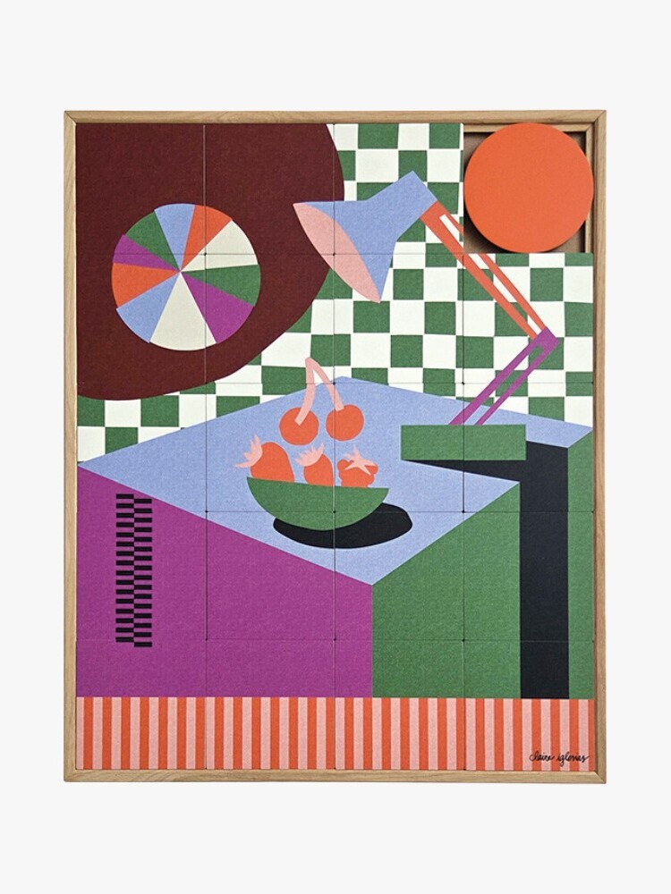 Taquin Working Too Late sliding wooden wall art with desk lamp still-life design in solid oak frame
