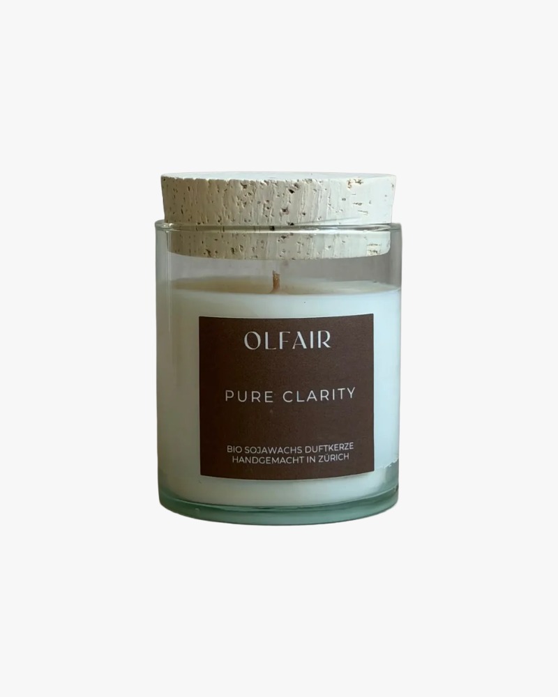 Pure Clarity scented candle by Olfair in a clear glass with cork lid, handmade in Zürich