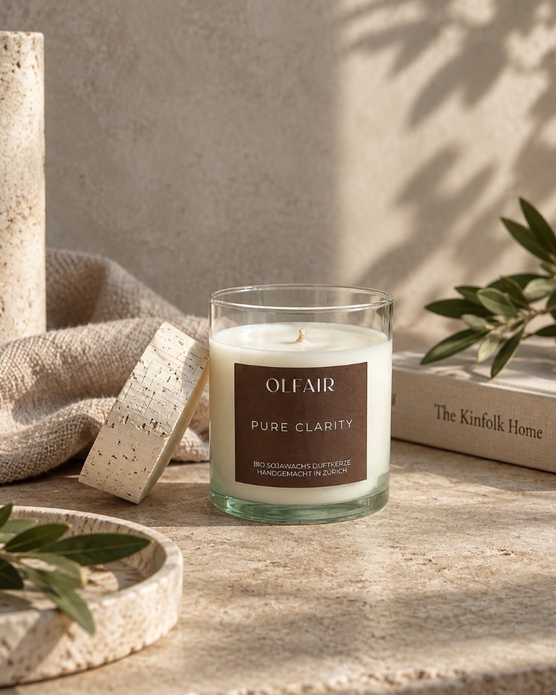 Pure Clarity scented candle by Olfair in a clear glass with cork lid, handmade in Zürich