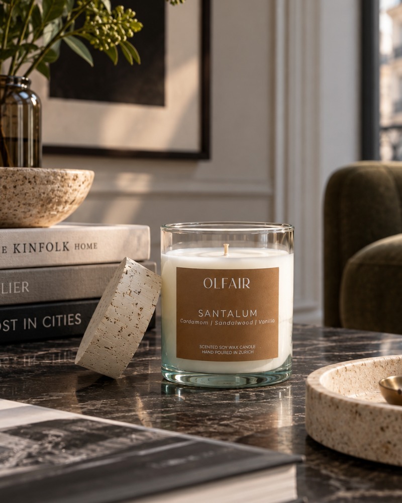 Santalum scented candle by Olfair in a clear glass with cork lid, warm sandalwood fragrance handmade in Zürich
