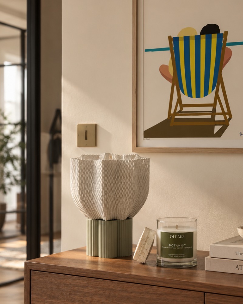 Botanist scented candle by Olfair in a clear glass with cork lid, aromatic sage and cedarwood fragrance handmade in Zürich
