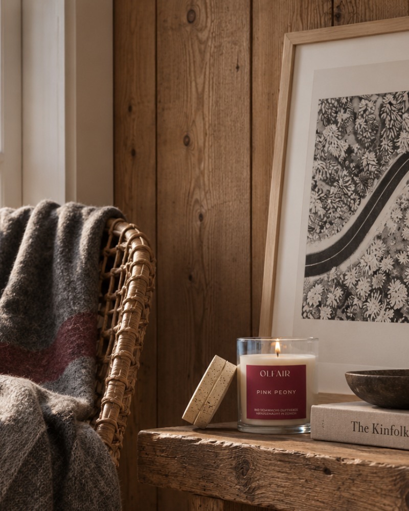 Pink Peony scented candle by Olfair in a clear glass with cork lid, floral peony and rose fragrance handmade in Zürich