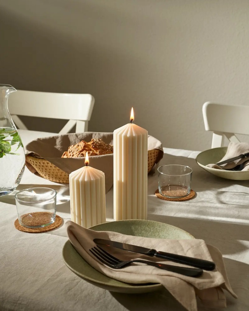 Nordic cylinder candle by Olfair with bold ribbed texture, handmade in Zürich from natural olive wax