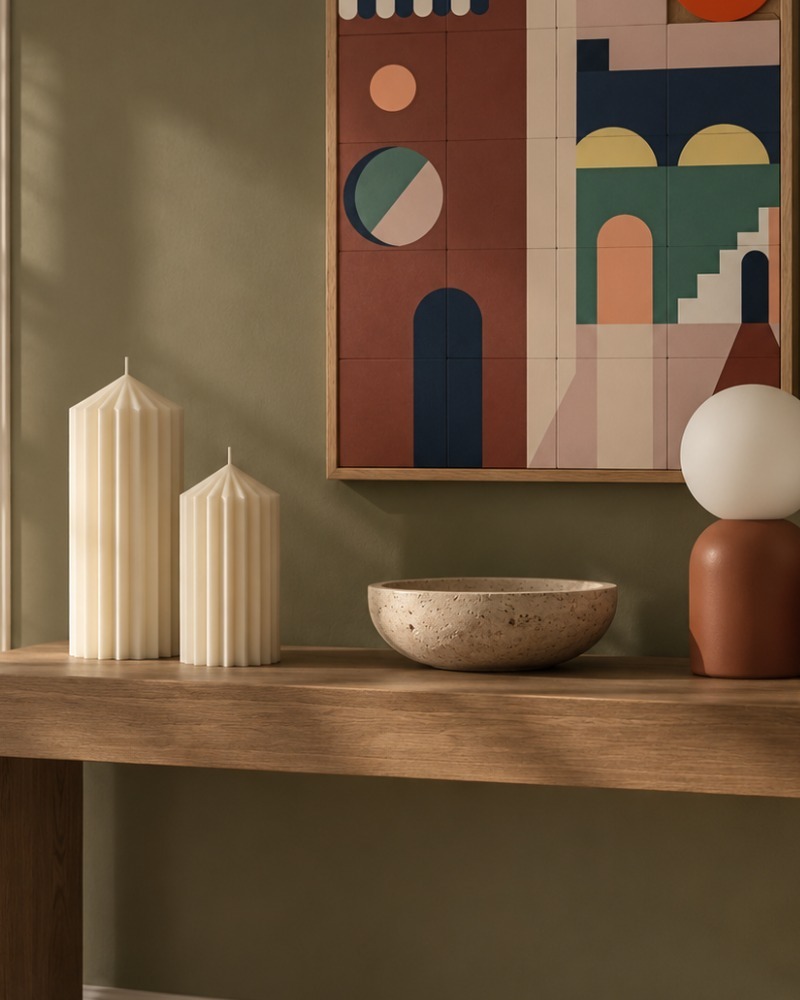Nordic cylinder candle by Olfair with bold ribbed texture, handmade in Zürich from natural olive wax