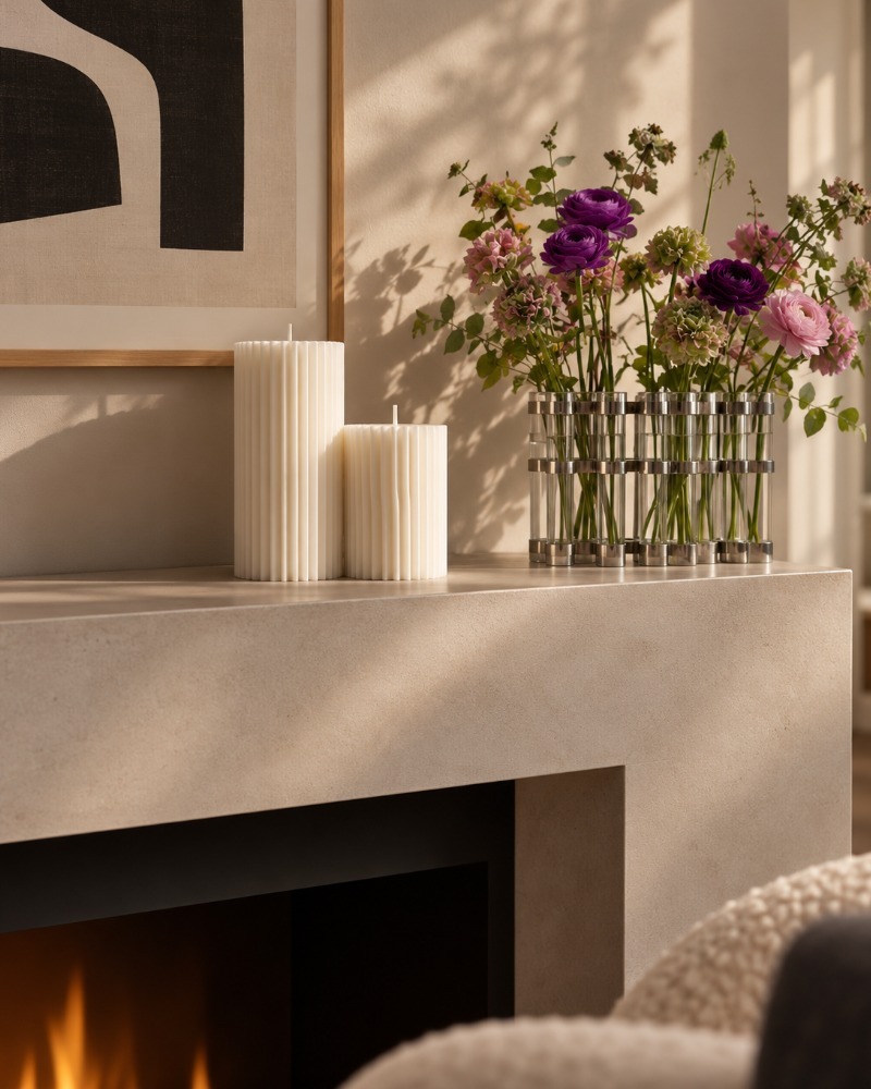 Harmony cylinder candle by Olfair with fine ribbed texture, handmade in Zürich from natural olive wax