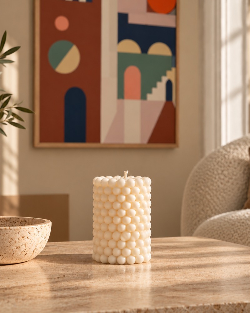 Bubbles cylinder candle by Olfair with raised spherical relief texture, handmade in Zürich from natural olive wax