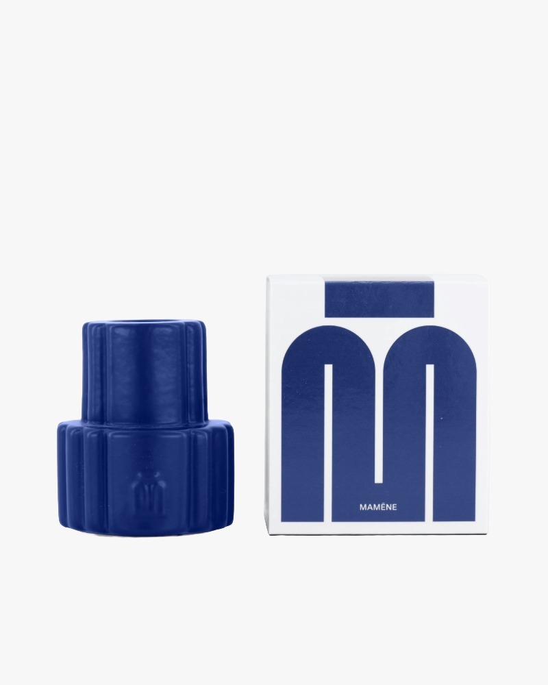 Mamène Podium candle holder in cobalt blue faience, handmade in Portugal