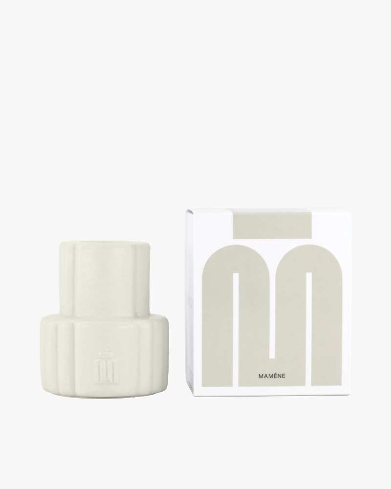 Mamène Podium candle holder in white greige faience, handmade in Portugal