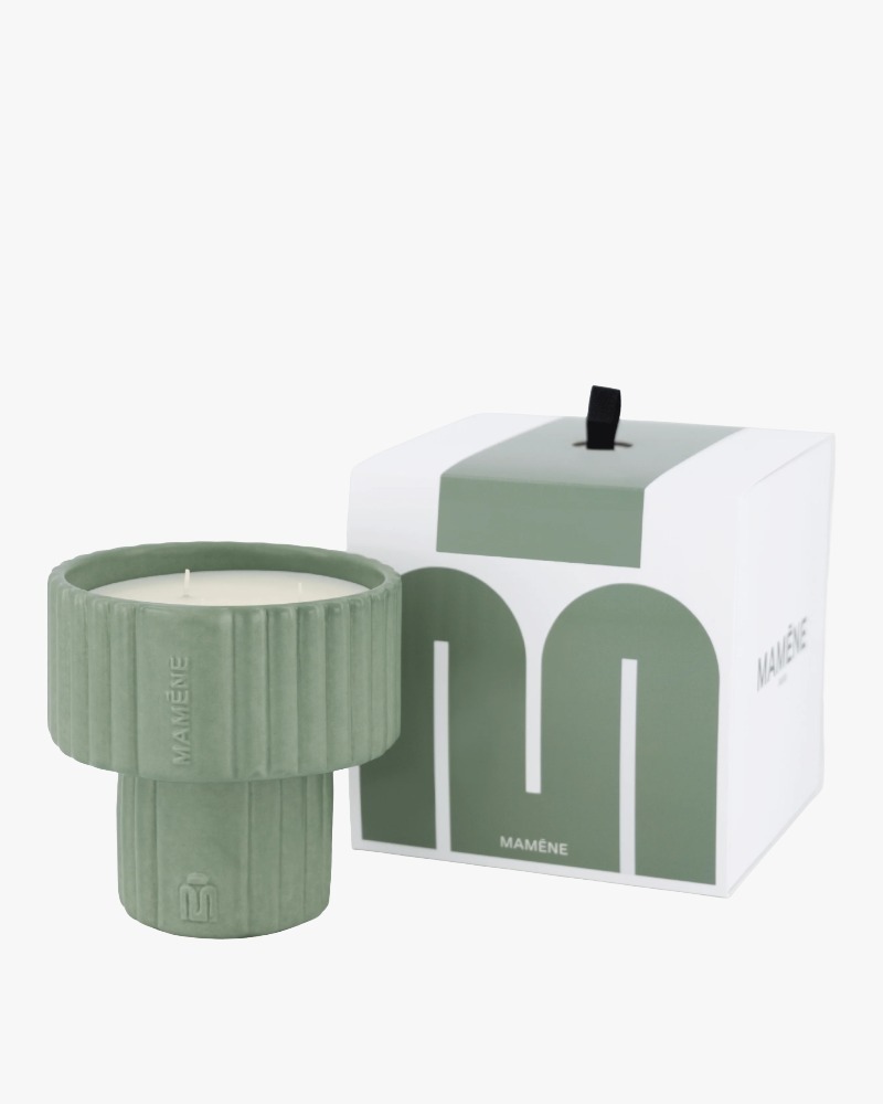 Mamène Podium scented candle size M in verdigris faience, fragrance Andy, green and herbal