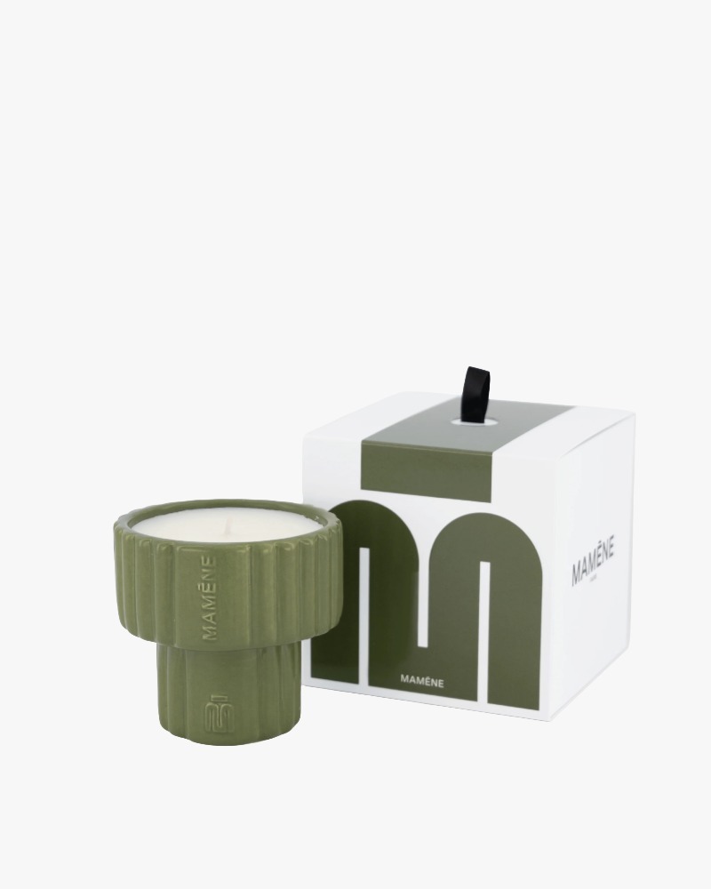 Mamène Podium scented candle size S in khaki faience, fragrance Yvon, woody and green