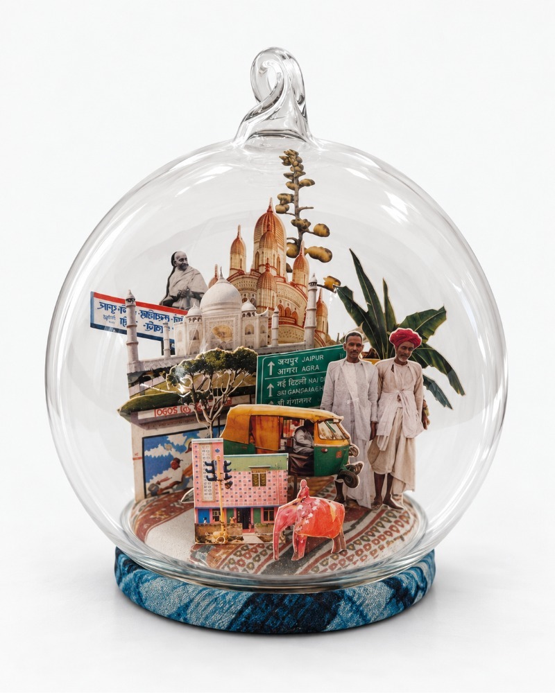 India Christmas ornament by Charlotte Bourrus, 8 cm glass snow ball showing the Taj Mahal