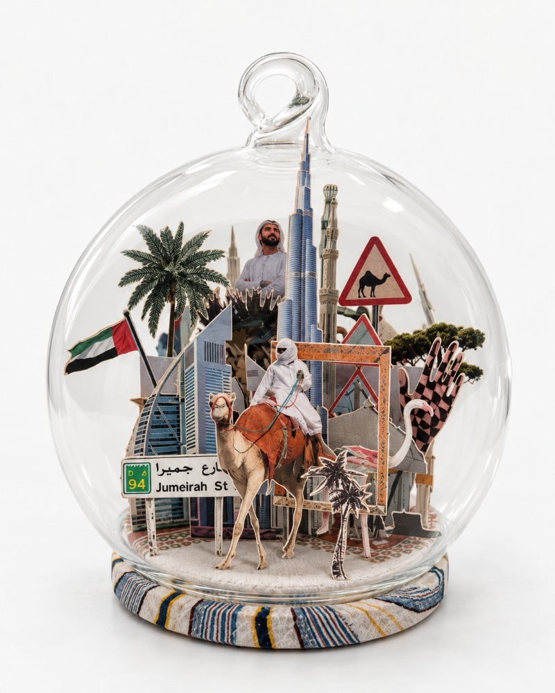 Dubai Christmas ornament by Charlotte Bourrus, 8 cm glass snow ball showing the Burj Khalifa above the skyline
