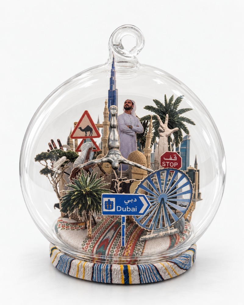 Back of the Dubai Christmas ornament by Charlotte Bourrus, showing desert dunes with camels