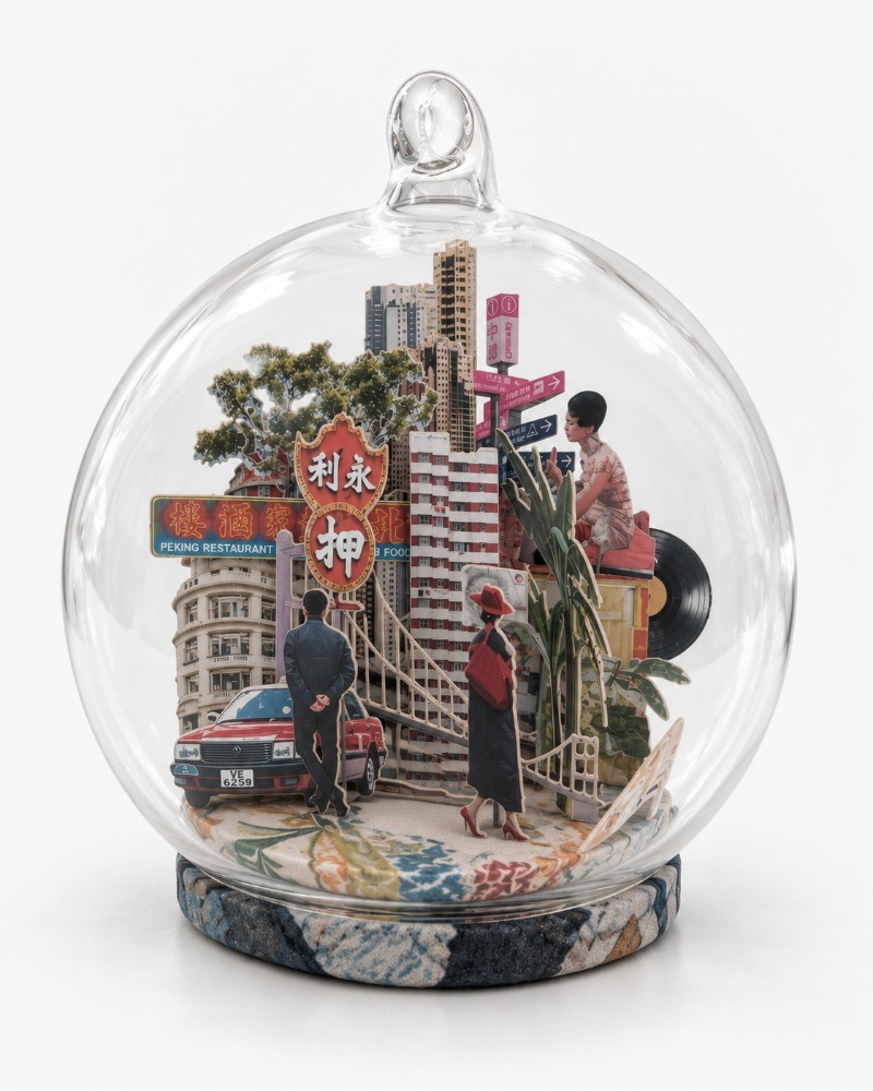 Hong Kong Christmas ornament by Charlotte Bourrus, 8 cm glass snow ball showing the Victoria Harbour skyline and a junk boat