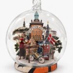 Copenhagen Christmas ornament by Charlotte Bourrus, 8 cm glass snow ball showing the colourful houses of Nyhavn