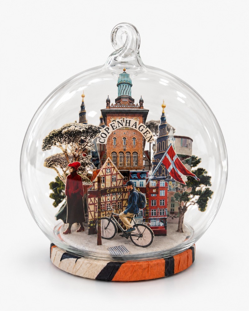 Copenhagen Christmas ornament by Charlotte Bourrus, 8 cm glass snow ball showing the colourful houses of Nyhavn