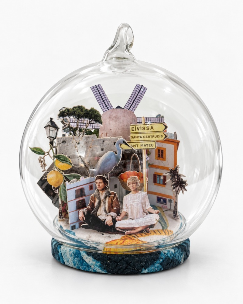 Ibiza Christmas ornament by Charlotte Bourrus, 8 cm glass snow ball showing the old town of Dalt Vila and its cathedral